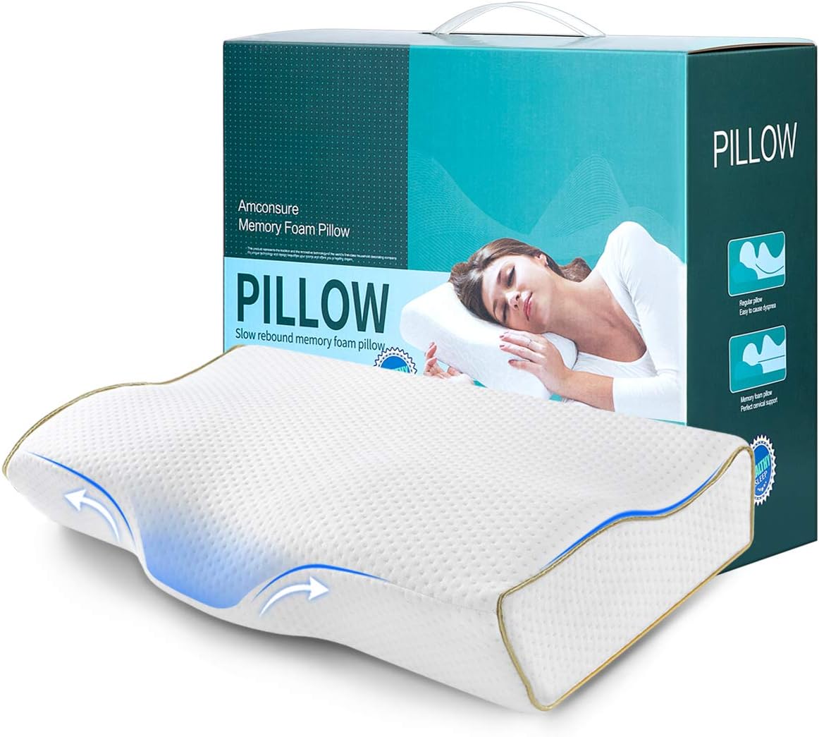 Amconsure Memory Foam Pillow, Orthopedic Sleeping Pillows, Ergonomic Cervical Pillow for Neck Pain - for Side Sleepers, Back and Stomach Sleepers, Free Washable Breathable Pillow Case Included