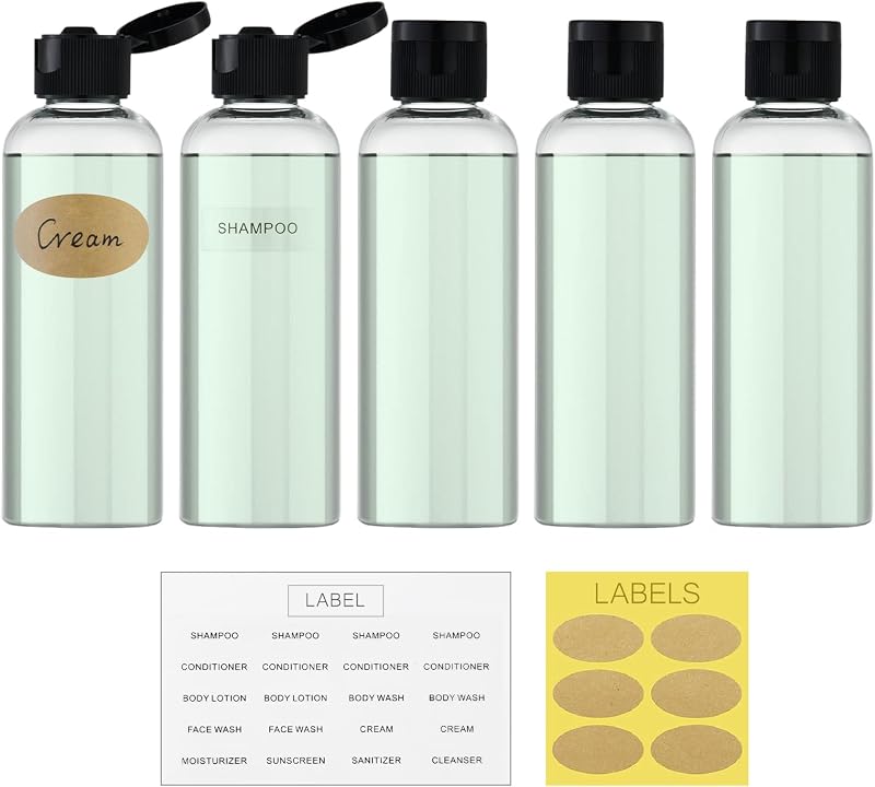 3.4 oz Travel Bottles for Toiletries, Plastic Shampoo Containers | 5pcs small size dispenser, clear squeeze tubes, leak proof, small empty for liquid, lotion, conditioner, soap, 100 ml, TSA