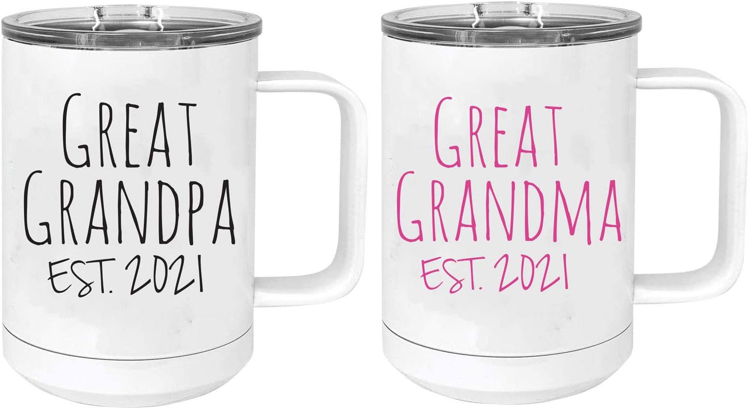 Great Grandpa Great Grandma Established EST. 2021 - Stainless Steel Vacuum Insulated 15 Oz Travel Coffee Mug with Slider Lid, White