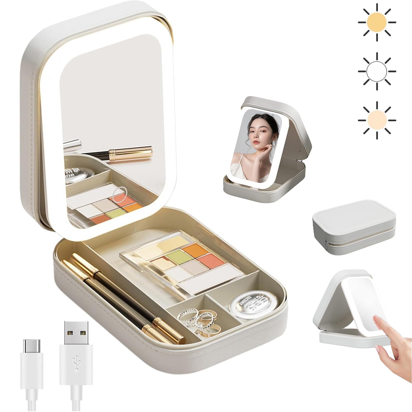 shngshifan Travel Makeup Mirror with Light, Makeup Bag with Led Mirror,Smart Touch 3 Colors Dimmable,Rechargeable Portable Mirror,Gift for Girl Women-image-7
