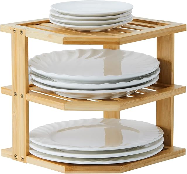 YOUDENOVA Bambusowy organizer na naczynia 25 x 25 x 25 cm, narożny wkład do szafki, 3-poziomowy do regału kuchennego, ociekacz do naczyń, stojak na talerze