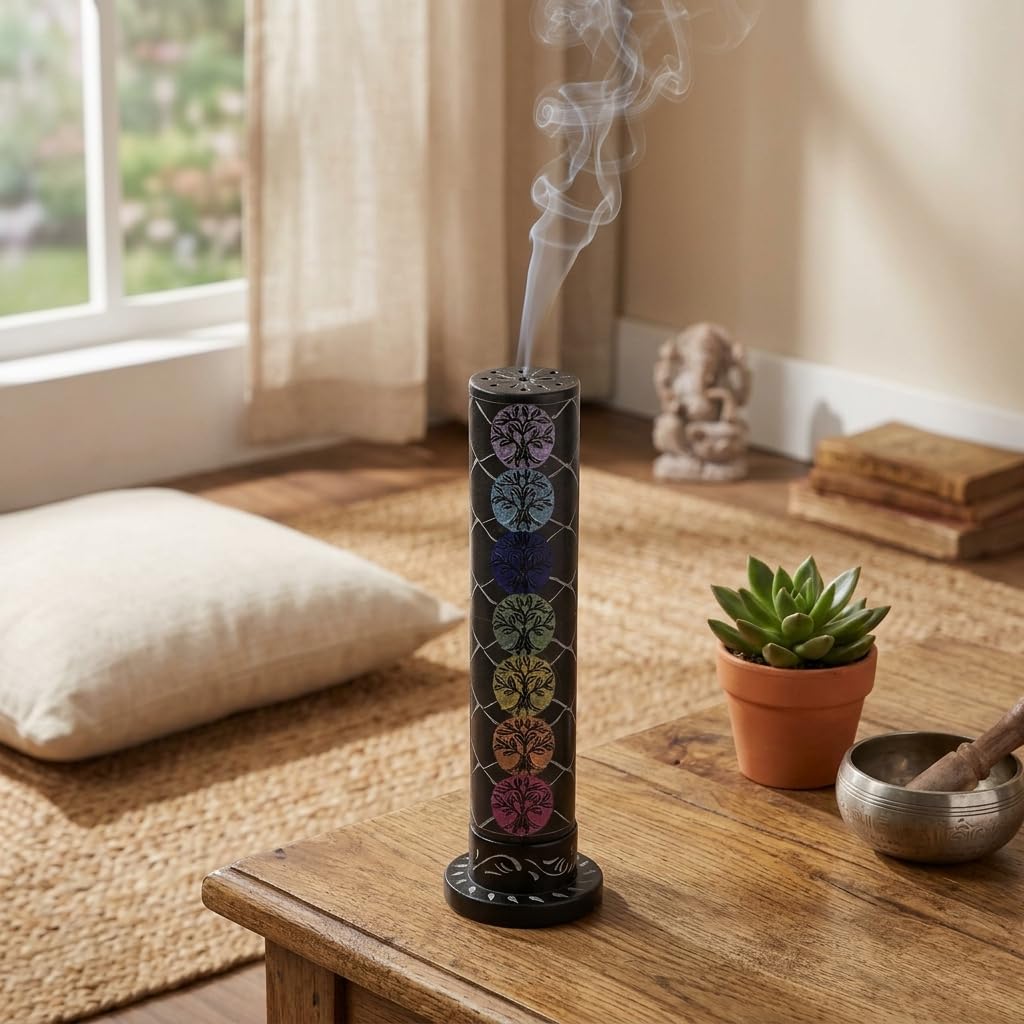 Ajuny Black Marble Soapstone Incense Stick Tower Burner 3x3x10.5 Inch Round Decorative Tree of Life Carving Design Tea Light Candle Holder for Home Office Fragrance Yoga Meditation Accessories
