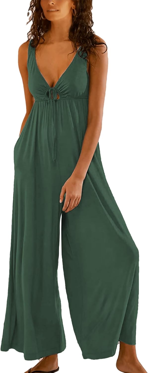 Women’s Sleeveless Wide Leg Jumpsuit Casual Loose Romper with Pockets
