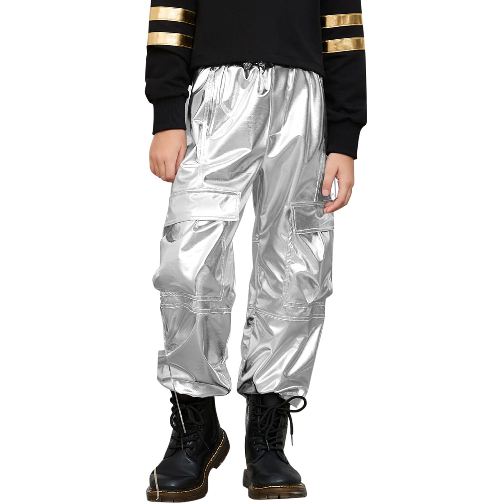 Perfashion Metallic Cargo Pants for Girls &amp; Womens Hip Hop Dance Multi-Pocket Joggers High Waist Pants 6-15Y