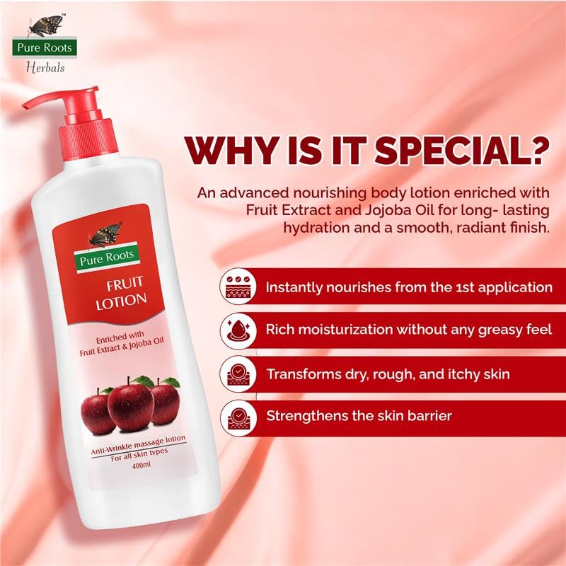 Image of Pure Roots Fruit Body Lotion 400ml - Pack of 2 - Moisturiser Nourishing Lotion for All Skin Types, Fast Absorbing, Non-Sticky Body lotion Instant Hydration in Summer All Season Moisturizer
