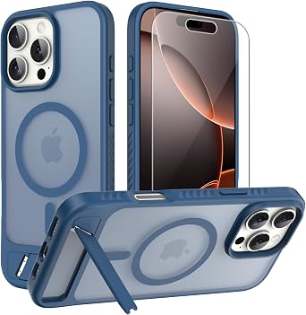 for iPhone 16 Pro Max case [fit for Magsafe] Strong Magnetic & Invisible Stand, Military-Grade Protection with Screen Protector, Adjustable Kickstand Frosted Translucent Matte Phone Case, Navy Blue