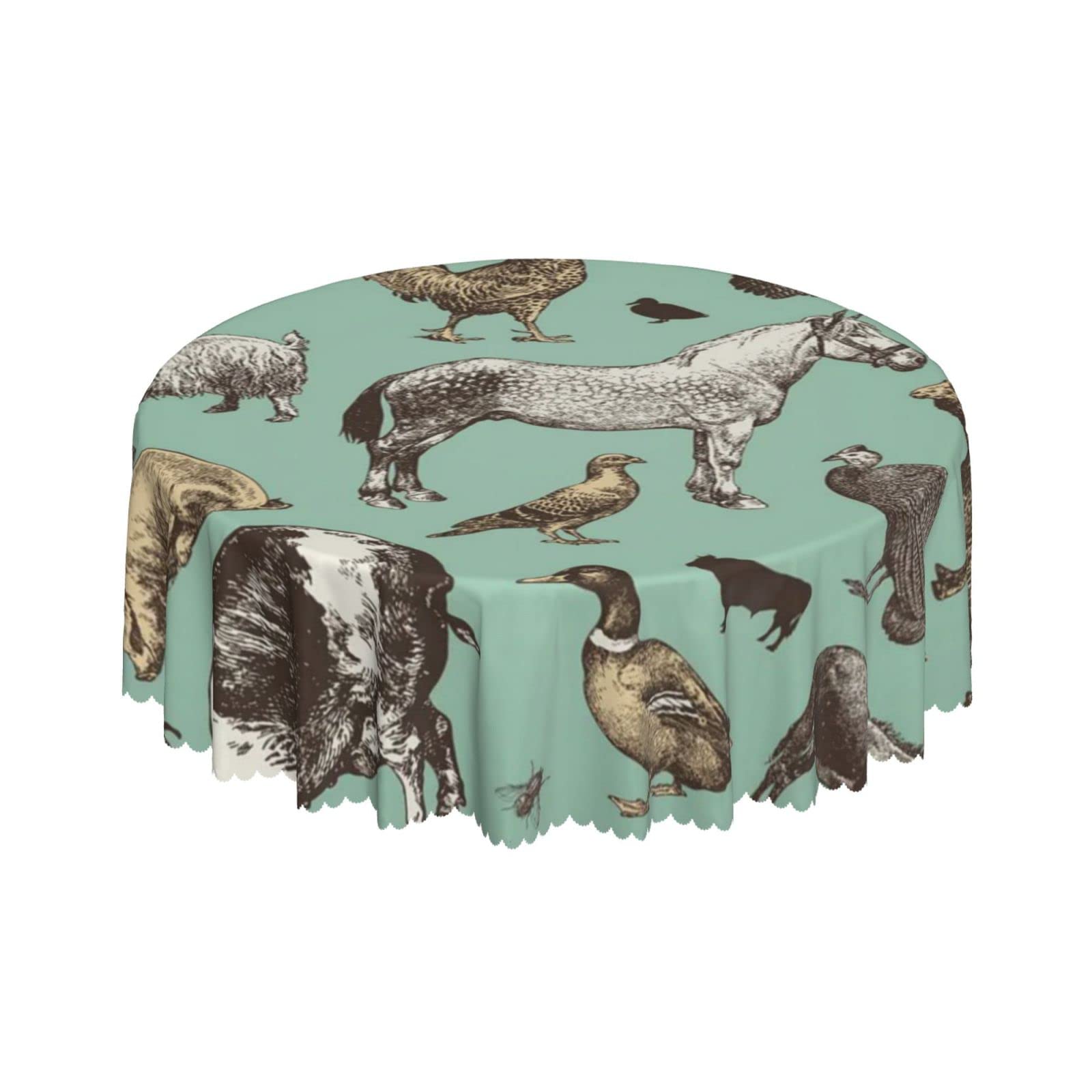 Lsjuee Farm Animals Blue Round Tablecloth 60 Inch Printed Washable Tablecloth for Dining Party Holiday Fall Home Decorative