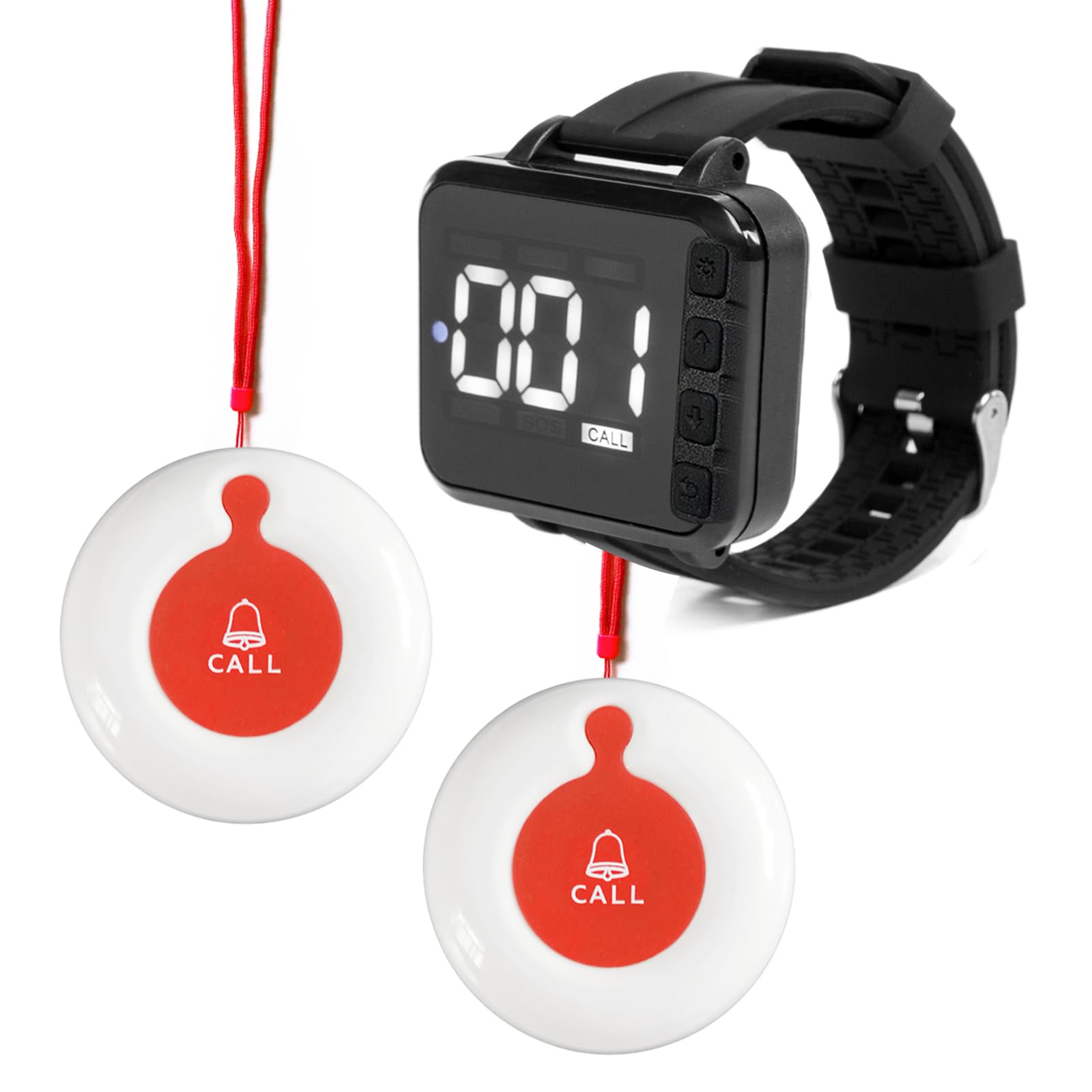 Caregiver Pager Wireless Calling System Vibration Sound Alarm Service for Hospital Clinic Nursing Home Restaurant 1 Wrist Watch Pager 2 Call Button for Elderly Patients Seniors Customer (White-Red)
