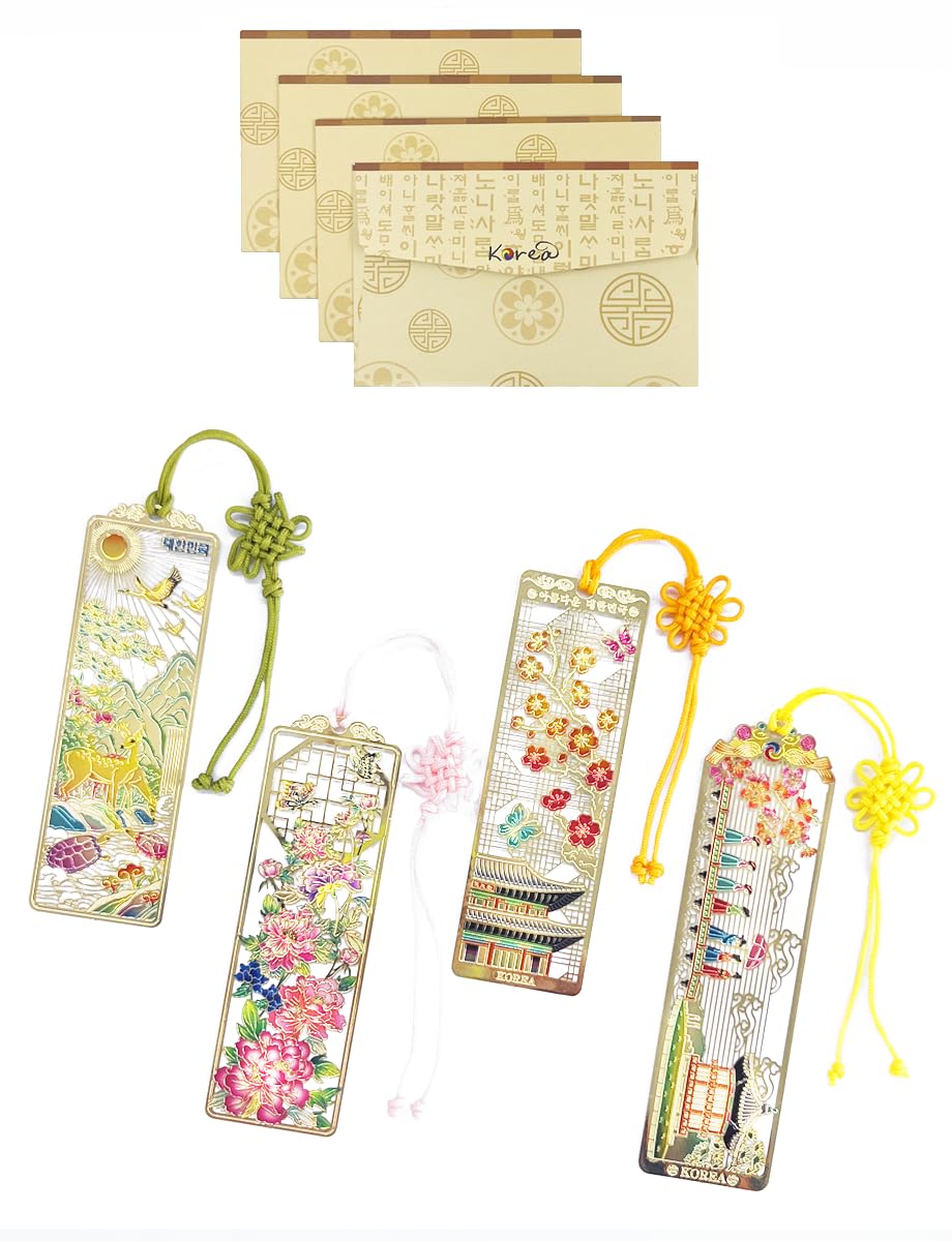 4 Pieces Metal Bookmark (Peony, Ten Symbols of Longevity, Nadeul, Plum Blossom) + 4 Envelopes - Korean Traditional Bookmark 책갈피 목단, 십장생, 나들이, 궁궐매화