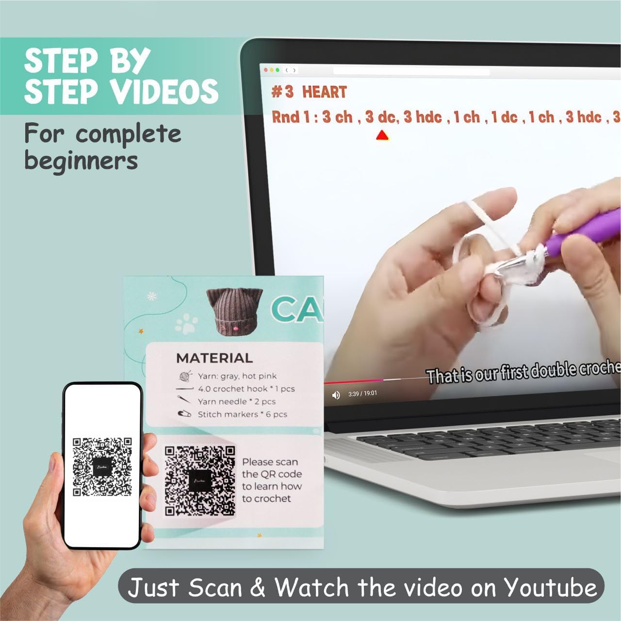 Hat Beanie Crochet Kit, Crochet Kit for Beginners, Step-by-Step Video Tutorials and Detailed Instruction, Complete DIY Learn to Crochet, Crochet Starter Kit with Yarn Hook All Accessories, Cat Ear Hat