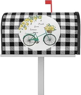 Mailbox Cover Magnetic Summer Lemon Bike Black and White Gingham Mailbox Covers Standard Size 21x18in,Mailbox Covers Wrap Post Letter Box Cover for Garden Yard Outdoor Decor Yellow Fruit Harvest