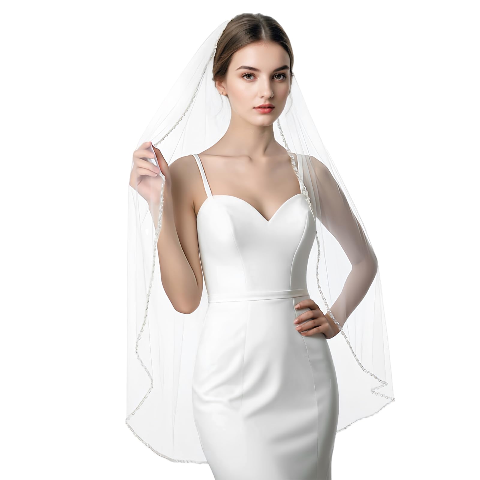 Wedding Veil Pearls and Crystals Beaded Edge 1 Tier Fingertip Length Bridal Veil