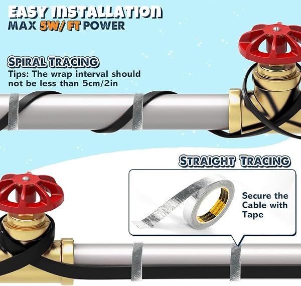15 FT Heat Tape for Water Pipes, 7.6W/FT UL & ETL Certified Self-Regulating Pipe Heating Cable with Thermostat for Pipe Freeze Protection, Waterproof Heat Tape for Metal and Plastic Pipes - 4