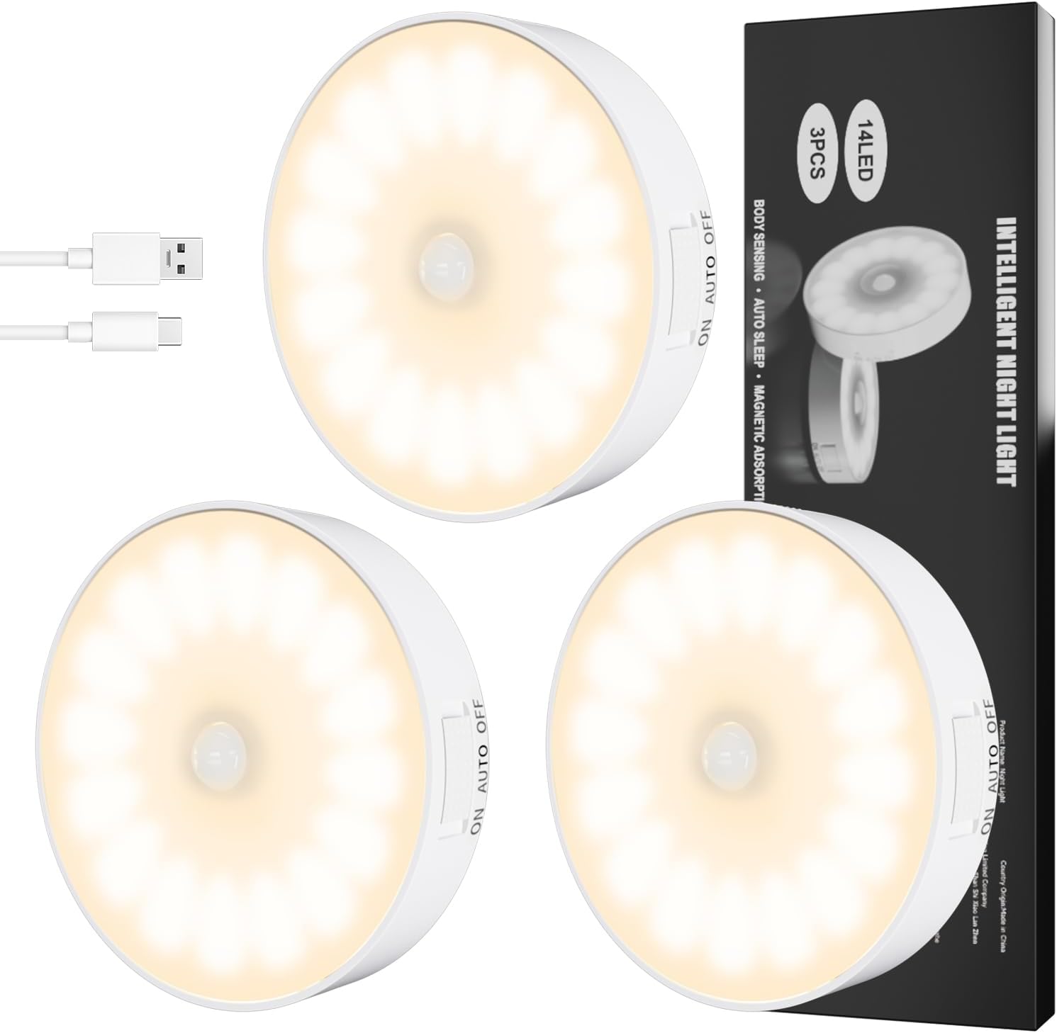 6 Pack Motion Sensor Light Indoor [Upgraded 14 LEDs], USB Rechargeable Night Light, Long Last Battery & 3 Light Modes, Wireless Magnetic Nightlight for Closet, Stairs, Hallway - Cold White
