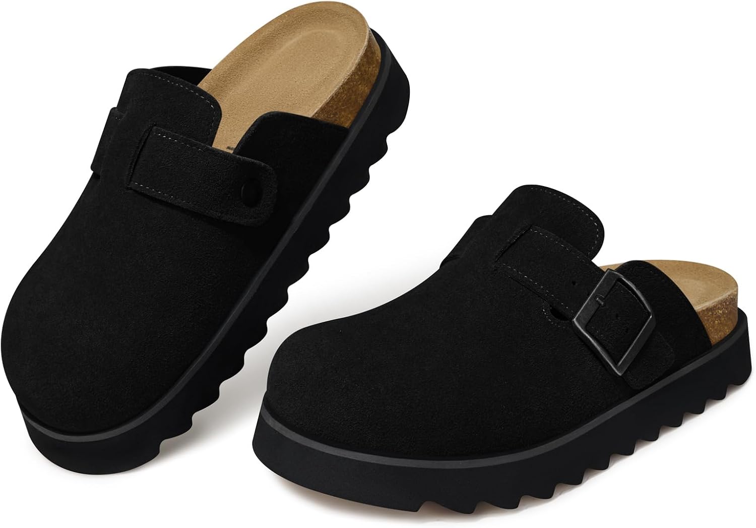 TEMOFON Women's Platform Clogs Shoes: Genuine Leather Slip on Mules Comfortable Cork Footbed Closed Toe Sandals Shoes Black Size 9