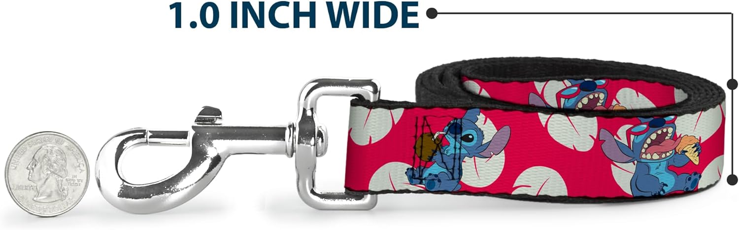 Disney Pet Leash, Dog Leash, Lilo Stitch 2 Eating Poses Lilo Dress Leaves Red Ivory, 4 Feet Long 1.5 Inch Wide