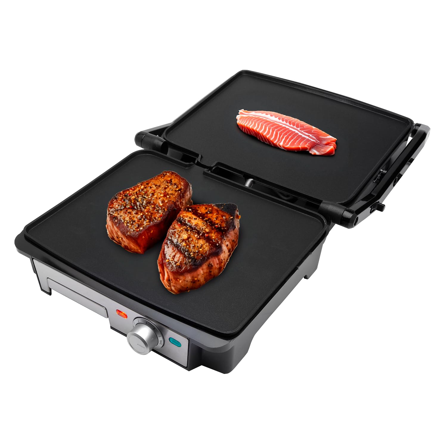 SOGO Grill y Sandwichera profesional de bajo consumo 2000W con Placas Lisas Antiadherentes y Apertura 180° - Plancha Eléctrica Multiuso para Paninis, Carnes y Pescados
