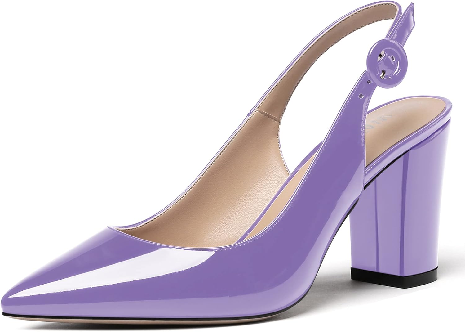 WAYDERNS Women's Thick Patent Solid Pointed Toe Slingback Buckle Ankle Strap Block High Heel Pumps Shoes 3 Inch