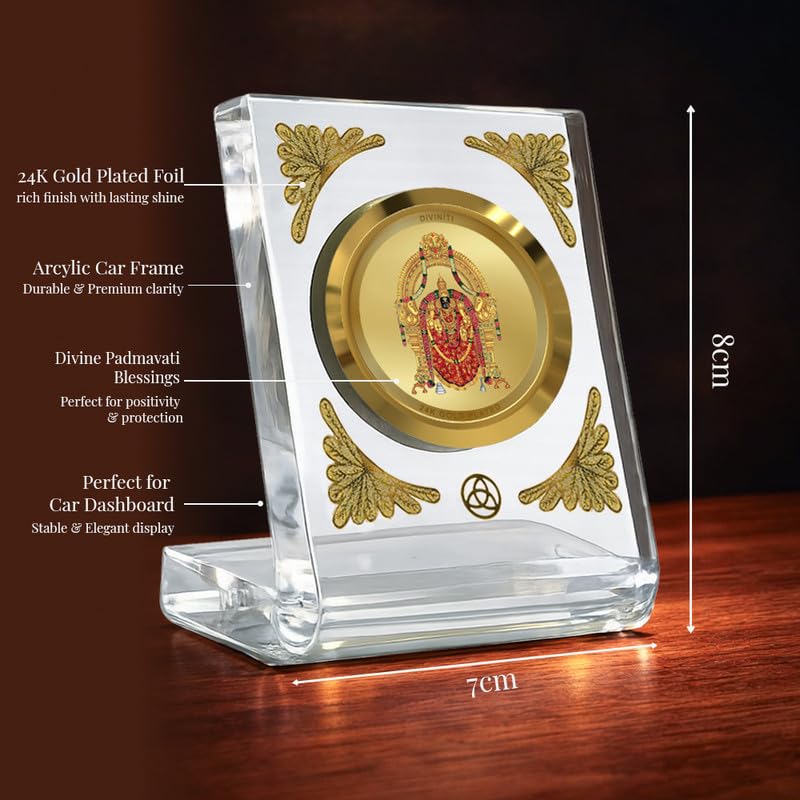 Image of DIVINITI 24K Gold Plated Padmavati Acrylic Frame for Car Dashboard, Home Temple & Office Table | Premium Spiritual Gift, Blessings for Protection & Positivity, 8x7 cm Decorative Showpiece