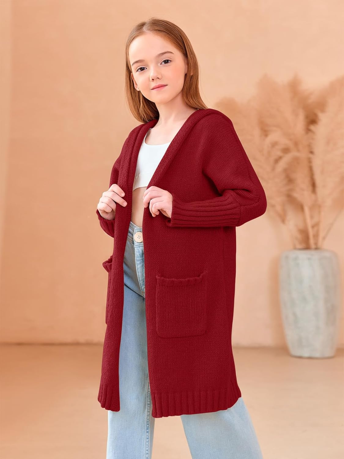 Girls Hooded Long Cardigan Kids Fashion Open Front Knit Sweater Outerwear Coat 5-14 Years - Image 3