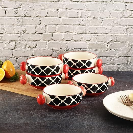 MADARKS Handled Blue Print Ceramic Bowls Set Snacks Bowl Set (6Pieces