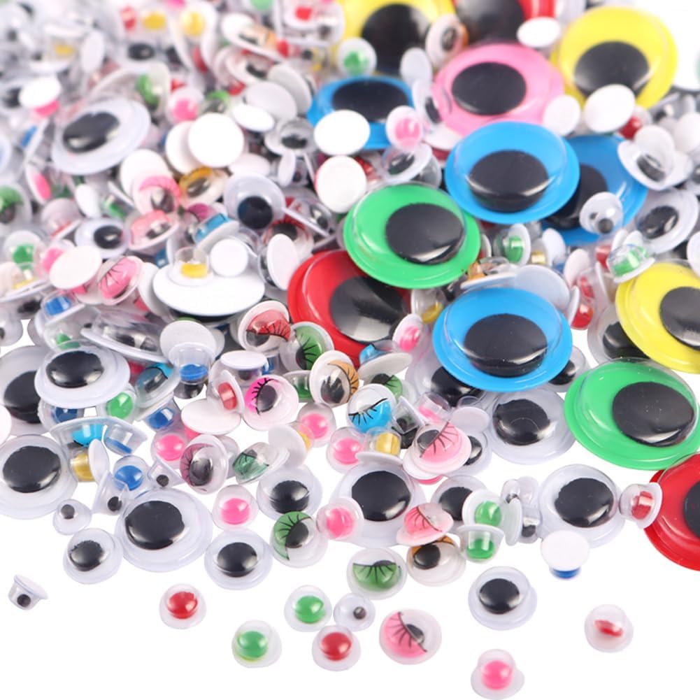 Queenbox 1500pcs Mixed Self-Adhesive Wiggle Googly Eyes, Plastic Round Moving Eyeball for School DIY Craft, 4mm 5mm 6mm 8mm 15mm