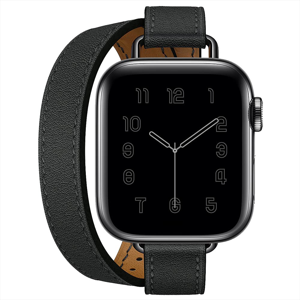 Aergood Compatible with Apple Watch Band 38/40/41mm 42/44/45mm,Genuine Leather Women Double Tour Slim Wristband for iWatch SE Series 7/6/5/4/3 (42/44/45mm, Black)