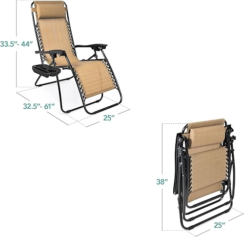 Miniatura 54 de Best Choice Products Juego de 2 sillas reclinables ajustables de malla de acero con gravedad cero con almohadas y bandejas portavasos, color arena