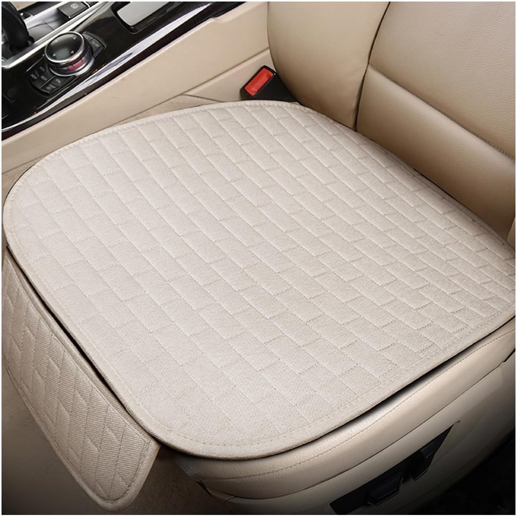 Front Car Seat Cover, Anti-Slip Breathable Linen Bottom Seat Protector Covers with Storage Pockets, Universal Front Driver Seat Pad Mat for Cars SUVs Truck Van (Beige)
