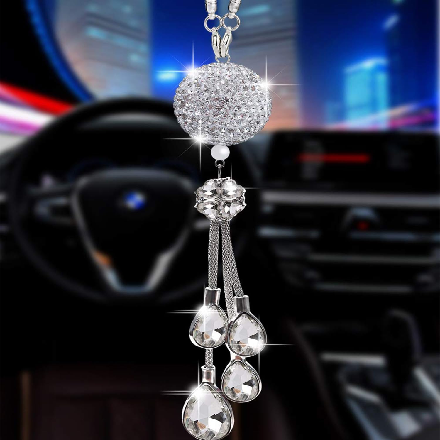 Xspring Bling Car Accessories, Rear View Mirror Ball Charm, Girly Car Decor Accessories with Water Drop Pendant, Car Rear View Mirror Accessories with Rhinestone Material, Cute Decor for Women