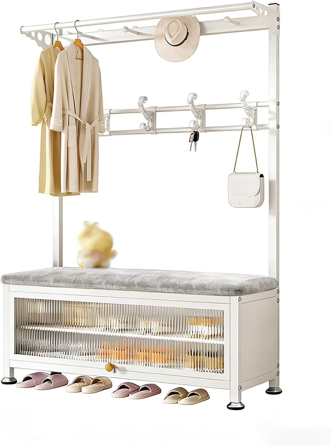 Hall tree with bench,Metal Frame modern hall tree, 3-in-1 Freestanding Coat Rack,for for Bedroom, Hallway, Entrance, Office(White,Large)