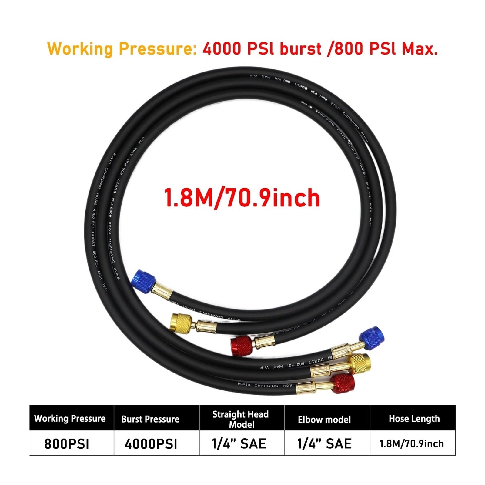 Manguera de carga de refrigerante R134a R410A for aire acondicionado, herramienta de HVAC, manguera de silicona for coche, sistema de mantenimiento(1.8M)