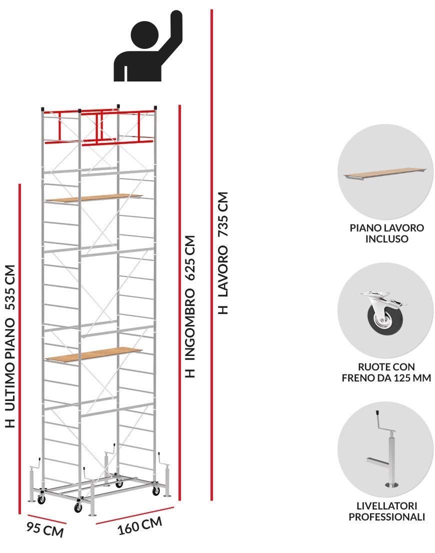 Andamio de acero con una altura de trabajo de 7,35m - Modèle SCEDILUX - Made in Italy - SCEDIL