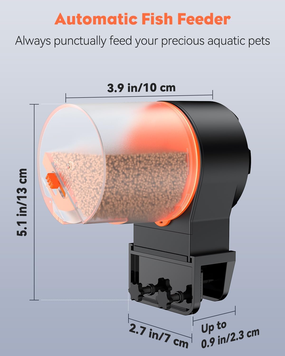 Diagram illustrating the dimensions of the Pawfly Automatic Fish Feeder.