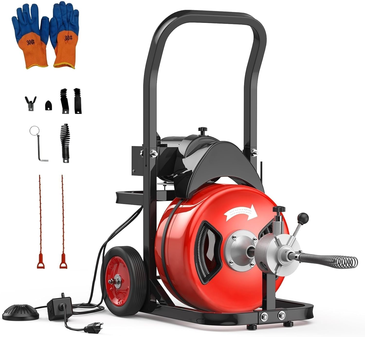 50FT 1/2 Inch Auto Feed Drain Cleaning Machine, Sewer Snake Drain Cleaner with 6 Cutters & Air-Activated Foot Switch, Portable Electric Drain Auger for 1" to 4" Pipes
