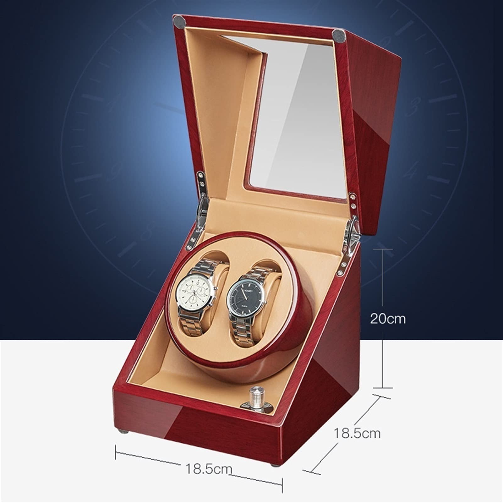 Uhrenaufbewahrungsbox für 2/4 Automatikuhren mit leisem Motor, flexiblem Uhrenkissen, Acrylglas, Holzgehäuse, Klavierlack-Finish.，2+0