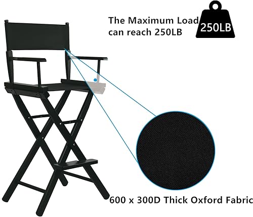 Miniatura 7 de Tall Directors - Silla plegable de 46 pulgadas, silla de maquillaje negra para artistas de maquillaje, capacidad de 250 libras, madera dura maciza,