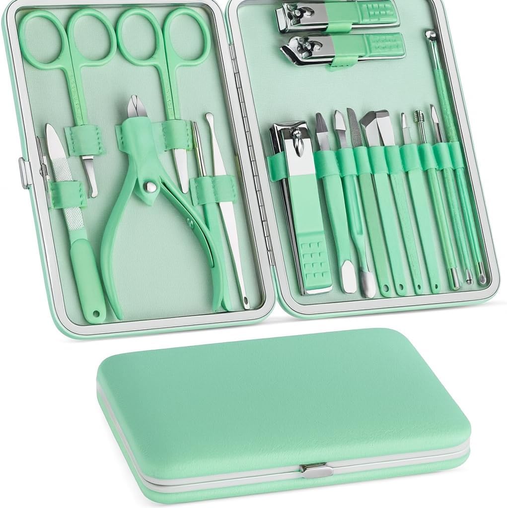 Manicure Set, Pedicure Kit, Nail Clippers, Professional Grooming Kit, Nail Tools 18 In 1 with Luxurious Travel Case For Men and Women 2025 Upgraded Version, Pink Gold (Green)