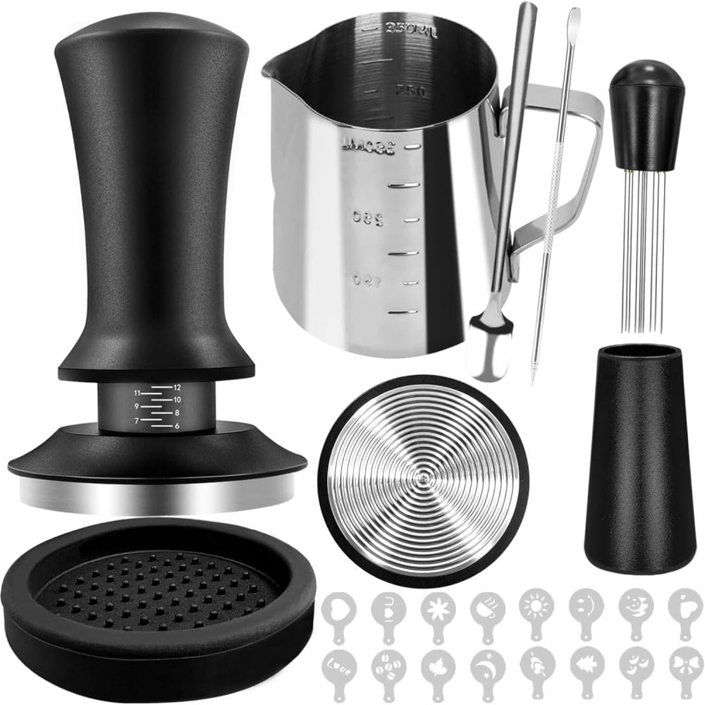Wefenad - Tamper à main expresso 58 mm, kit barista 22 pièces avec outil WDT, pichet à mousse de lait, stylo à latte, mélangeur à café, tapis de tamper