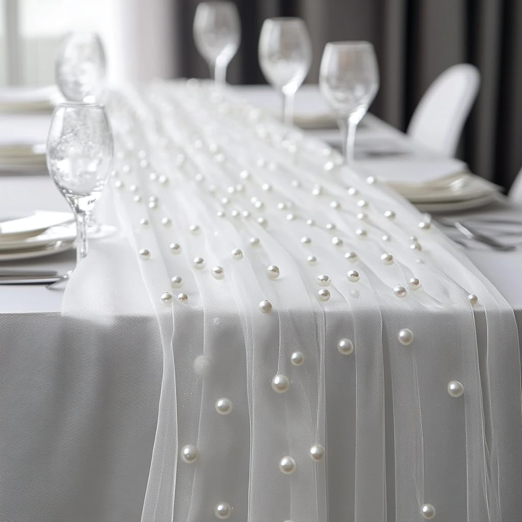 8pcs Pearl Table Runner 120 Inch Long, Sheer Tulle Mesh Wedding Table Decorations with Pearls, Elegant White Fabric Runner for Bridal Shower Party Birthday Dining Room Decor