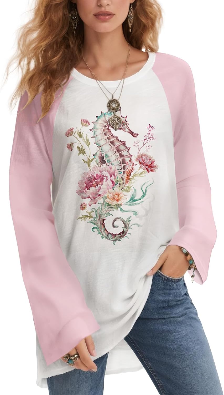 Womens Bohemian Geometric Print Long Sleeve Tunic Top Loose Casual Blouse Fall Fashion