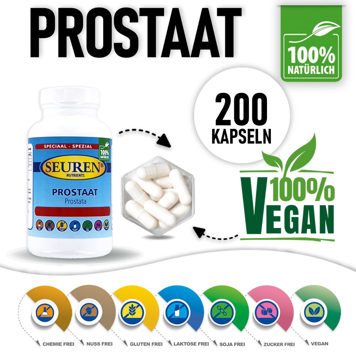 Seuren Nutrients Prostata Komplex Kapseln | Hochdosiert | Verbessert die Prostata Funktion | 200 Kapseln | 100% Natürlich