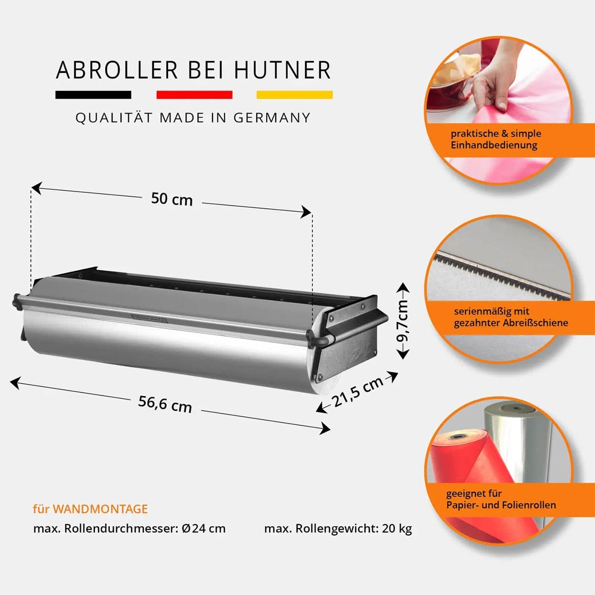 Papierabroller ZAC Halterung für große Rollen Papier & Folie - Montage an der Wand (Wandabroller) - von HUTNER (50)