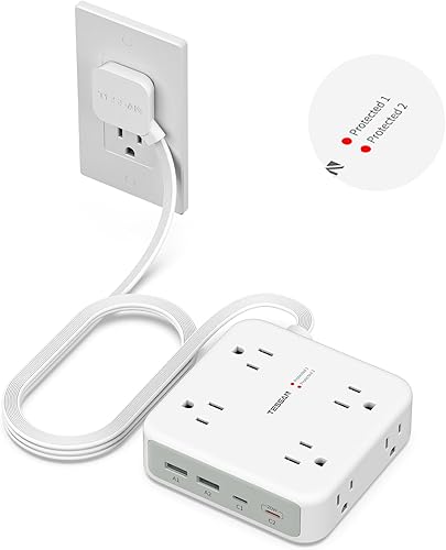 TESSAN Dual Surge Protector Power Strip, 5 Ft Extension Cord Flat Wall Plug with 4 USB (2 USB C) 8 Outlets, 2100J Surge Protection, 20W Multiple Charging Station for Home, Office, College, Dorm Room