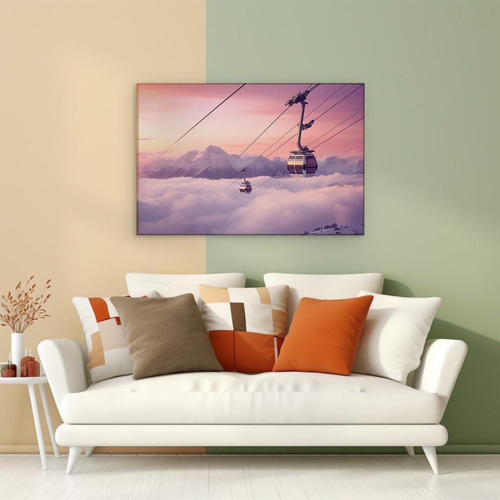 Canvas for Living room. Ascent into Twilight: Cable Cars Rise Against a Pastel Winter Sky, 27 x 18 inch Canvas Wall Art - Retro Home Decor