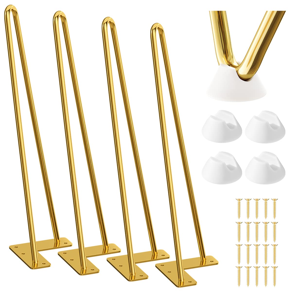 SMARTSTANDARD 16 Inch Hairpin Furniture Legs, 3/8'' Rods Metal Home DIY Projects for Nightstand, Coffee Table, Desk with Rubber Floor Protectors, Gold