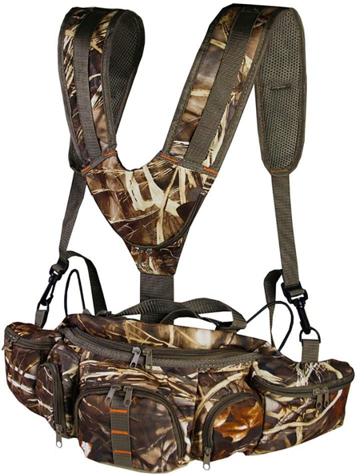 Hunting Camo Fanny Waist Pack, Adjustable Gut Hook Harness Waist Pack with Harness Pouch for Climbing Hiking Camping Fishing，