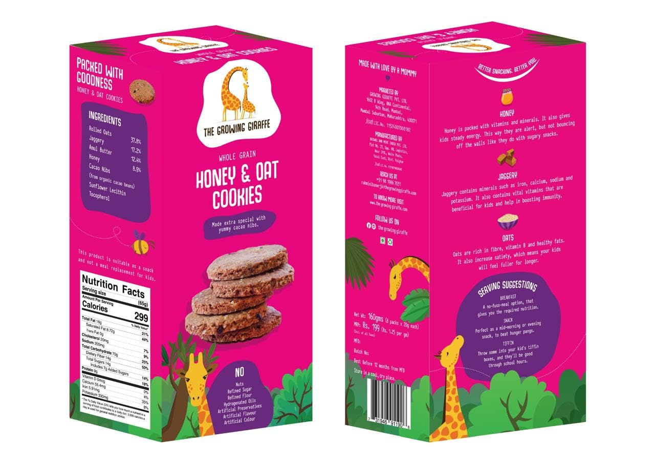 The Growing Giraffe Whole Grain Honey & Oat Cookies with Chocolate Chips | Tasty, Healthy & Nutritious, Free from Artificial Flavor & Color, 160 Grams (Pack of 3)
