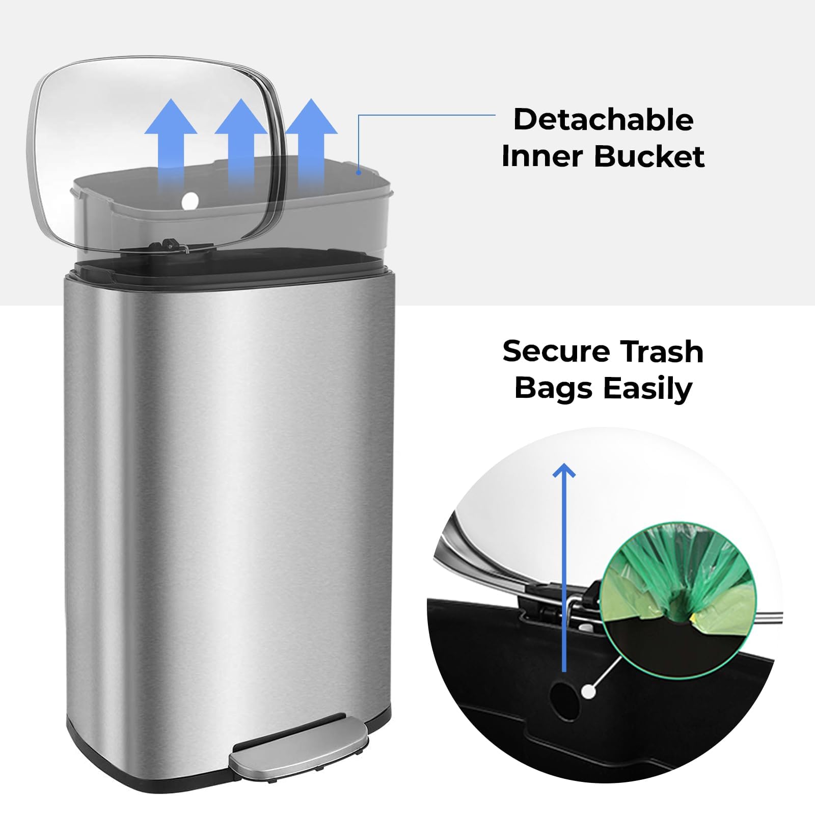 LIFERUN Pattumiera Cucina 50 Litri, Cestino a Pedale in Acciaio con Coperchio a Chiusura Morbida, Secchio Interno, 50 l Cestino per Interno Cucina, Bagno, Ufficio, Argento