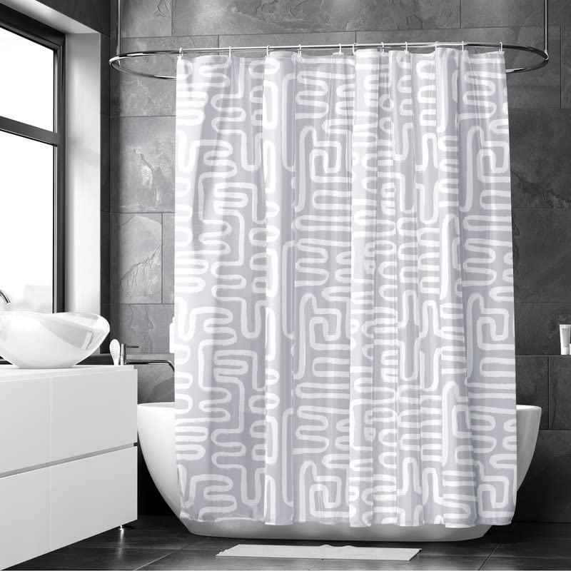 Encasa XO Bathroom Shower Curtain 7 Feet with 10 Hooks | (55x83 in) Quick Dry Heavy Printed Polyester Fabric Bathroom Curtains Waterproof | Machine Washable, Mould & Mildew Resistant - Boho Maze Grey